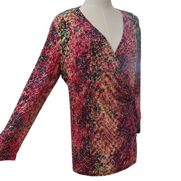 NEW Anne Klein Women's XL Pink Colorful V-Neck Work Casual Wrap Stretch Blouse - Picture 3 of 6